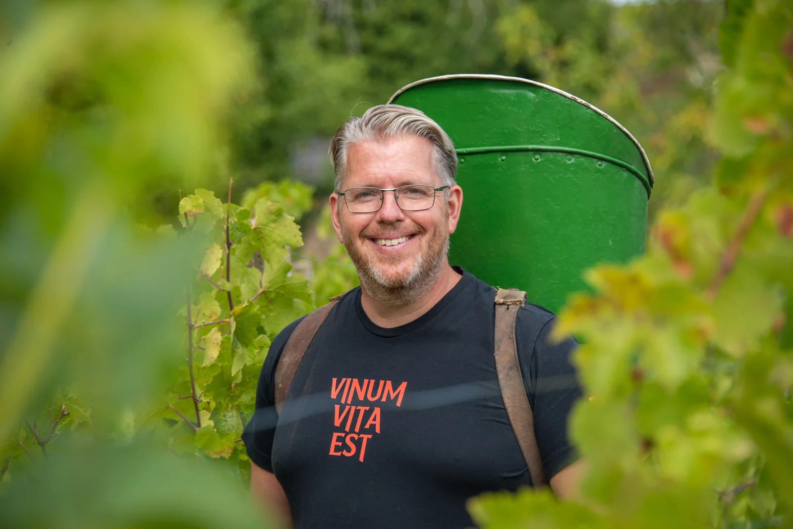 Benjamin Gillert bei der Weinlese mit einem Lesekorb